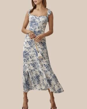 Reformation Nikita Midi Dress 4P Pompadour Blue White Toile Floral Tie Straps
